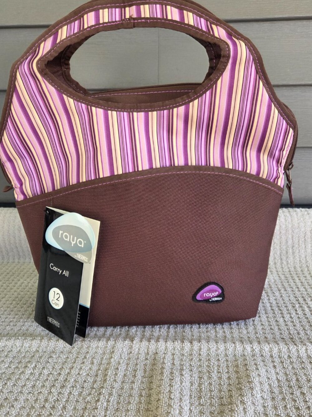 Thermos Raya Insulated Lunch Tote Brown Purple Stripes Carry All- 12 Can NWT